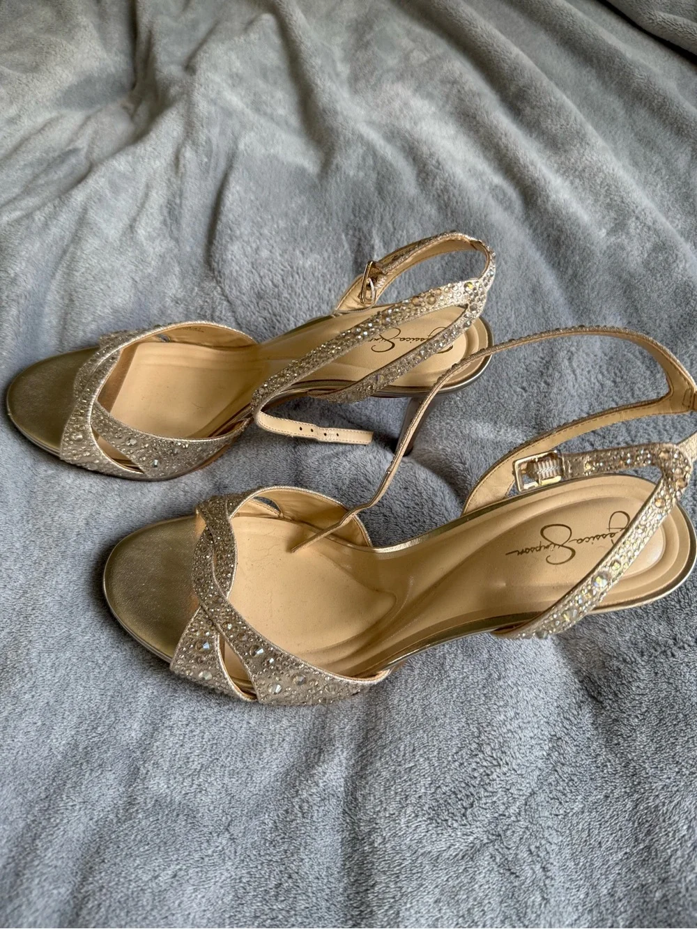 Jessica Simpson Crystal-Embellished Champagne Slingback Heels